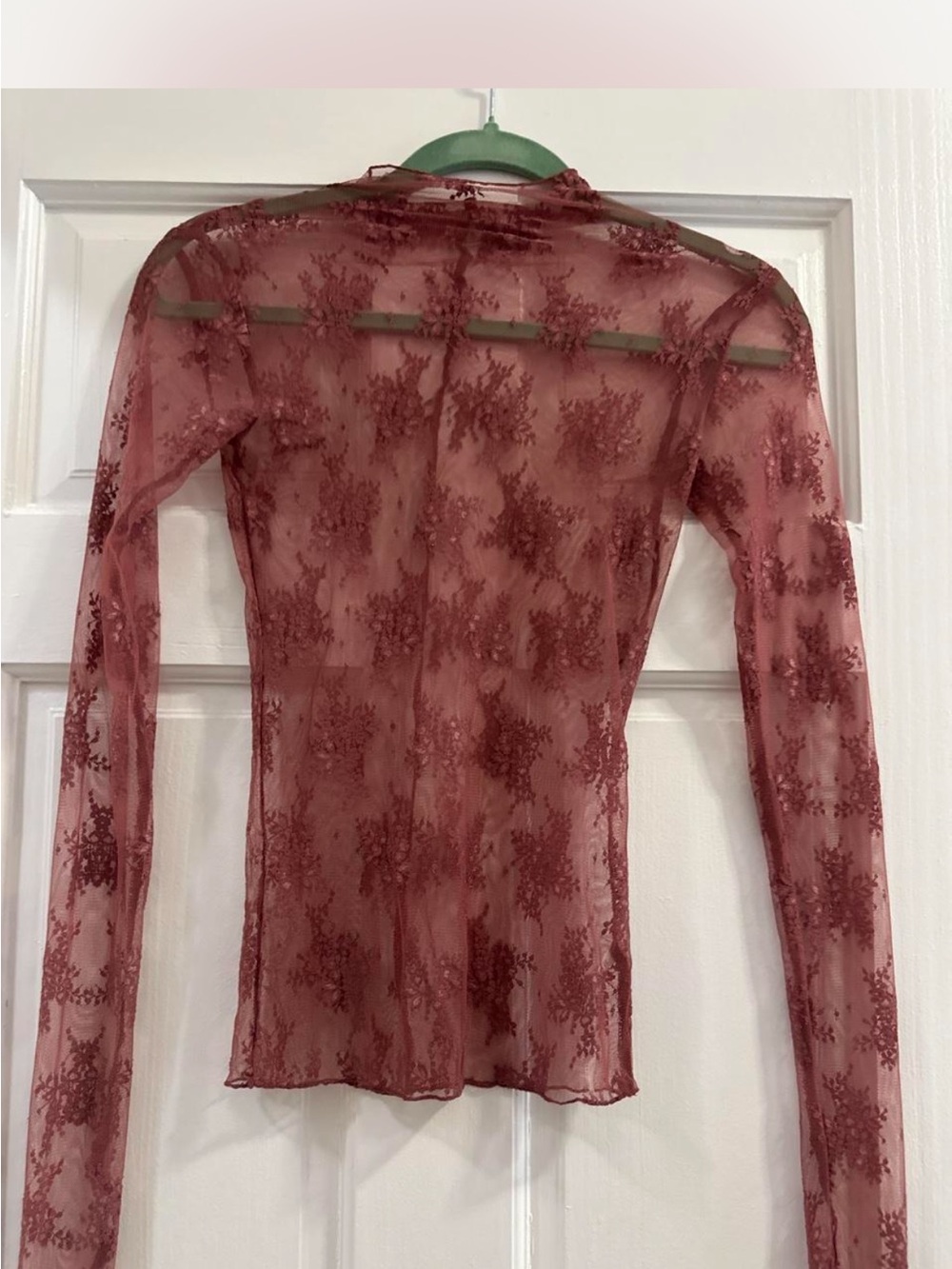 Free People Burgundy Sheer Lace Long Sleeve Top